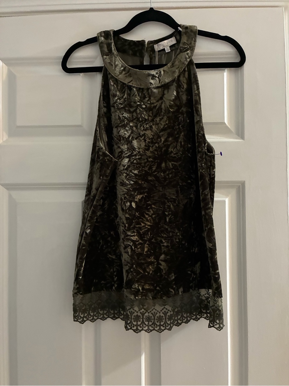 Anthropologie Olive Green Crushed Velvet Lace-Hem Camisole